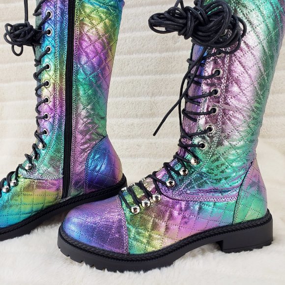 Travis Festive Quilted Metallic Rainbow Corset Lace Over the Knee Boots - Picture 9 of 11